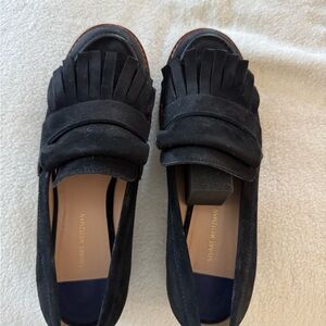 Stuart Weitzman Black Suede Fringe Penny Loafers